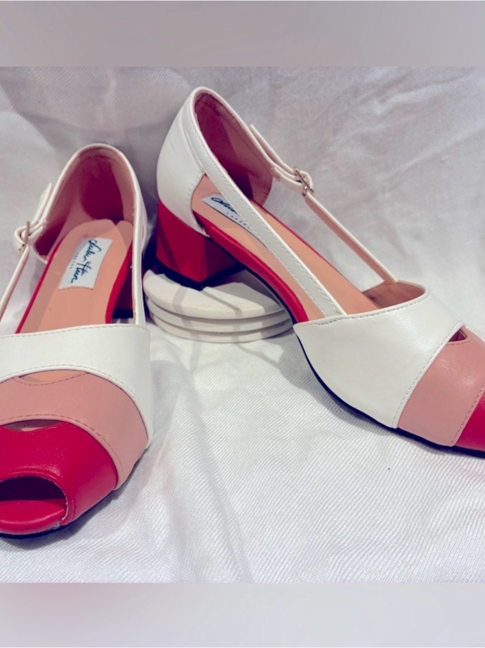 Lulu Hun Red, White, Pink Peep Toe Block Heels, Vintage Style, US sz 5/UK sz 3